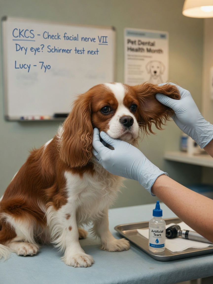 Veterinarian examining a Cavalier King Charles Spaniel's face during clinical assessment, with artificial tear drops visible on the exam table.