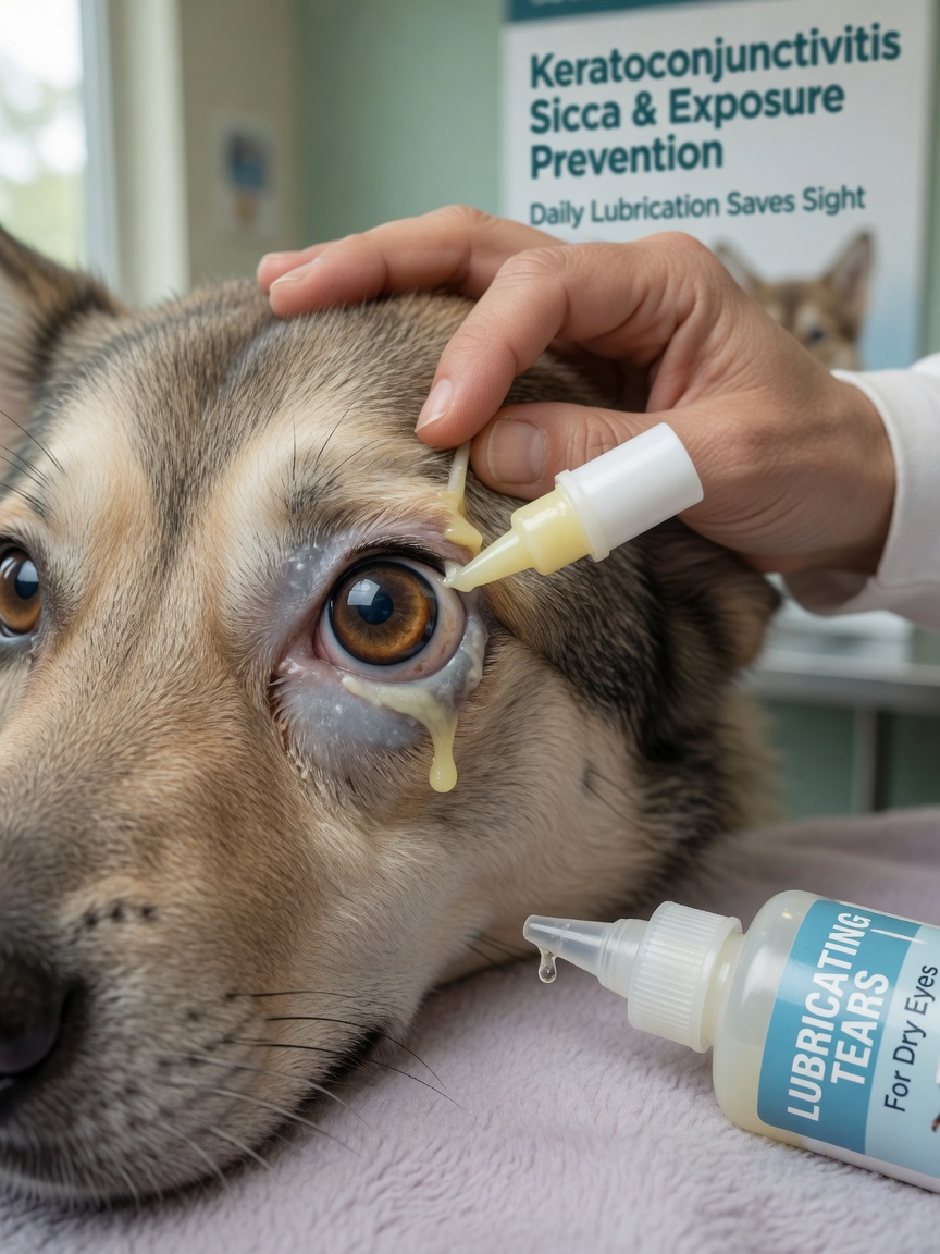 Close-up of eye treatment during facial nerve paralysis management, showing application of lubricating ointment to prevent corneal ulceration from lagophthalmos.