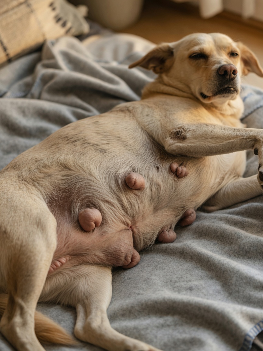 Close-up of a dog's enlarged mammary glands and mild abdominal distension during false pregnancy, lying on soft bedding