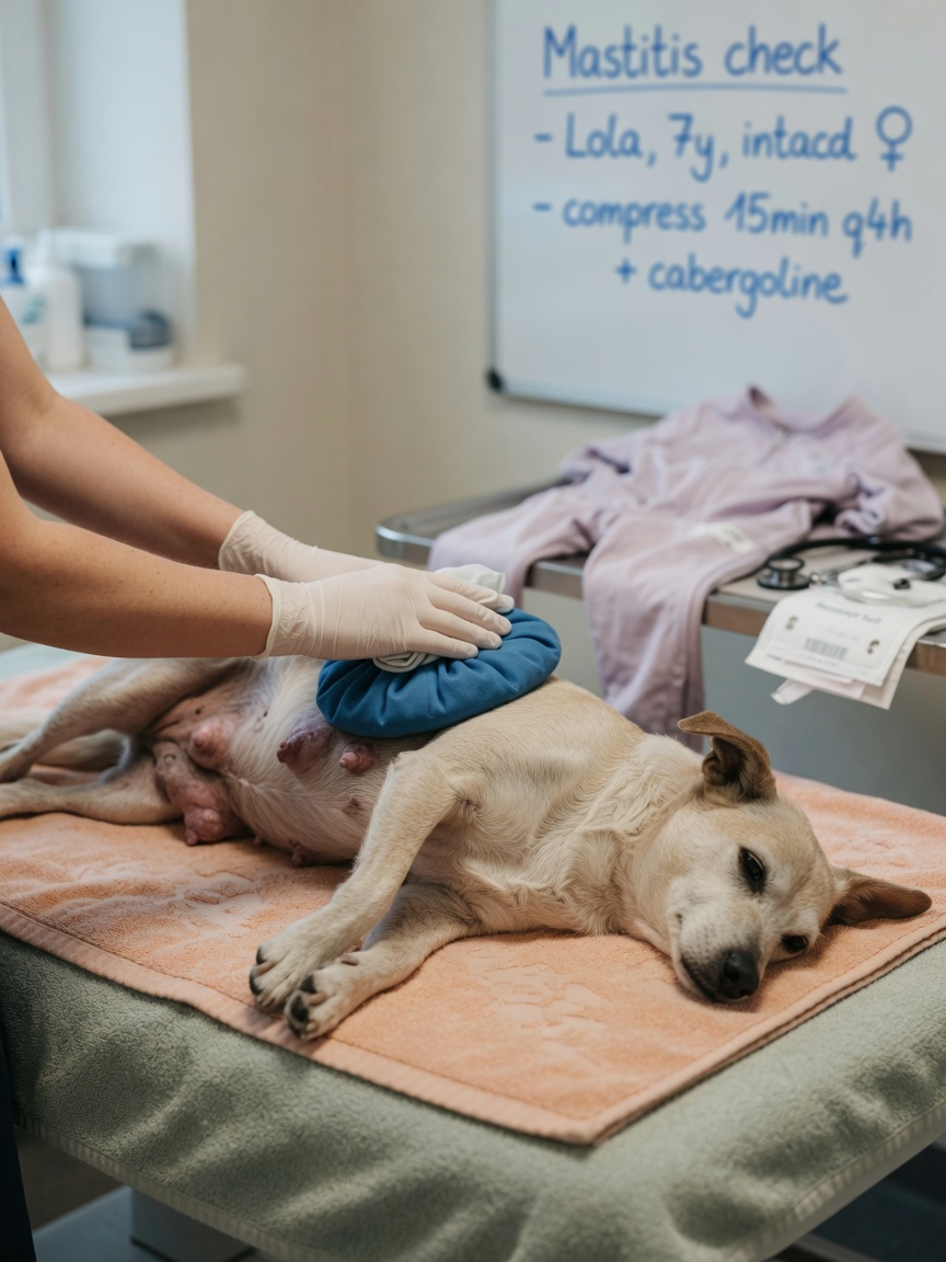 Veterinarian applying a cool compress to a dog's swollen mammary glands on an examination table during false pregnancy treatment