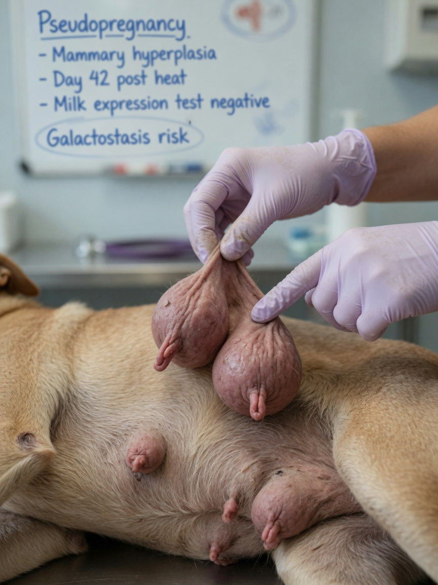 Veterinarian examining enlarged mammary glands on a female dog during clinical assessment