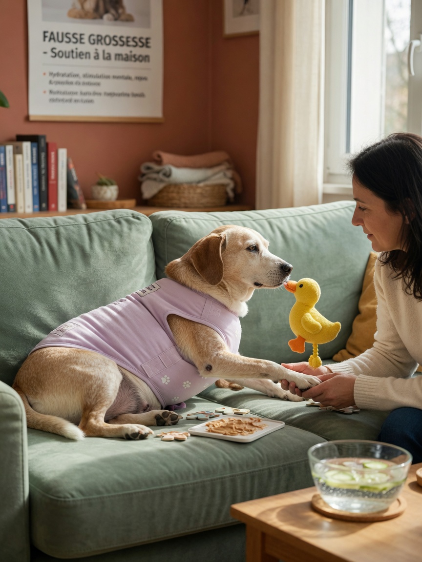 Female dog in protective medical vest resting at home with owner providing comfort and mental stimulation