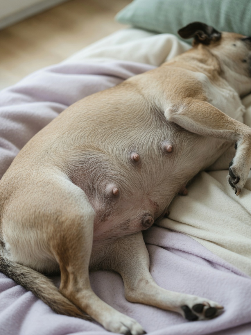 Intact female dog during dioestrus phase showing subtle physical changes associated with false pregnancy hormones