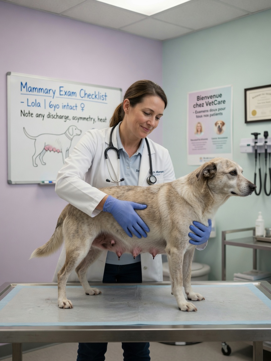 Veterinarian performing clinical examination of intact female dog's mammary glands to assess false pregnancy
