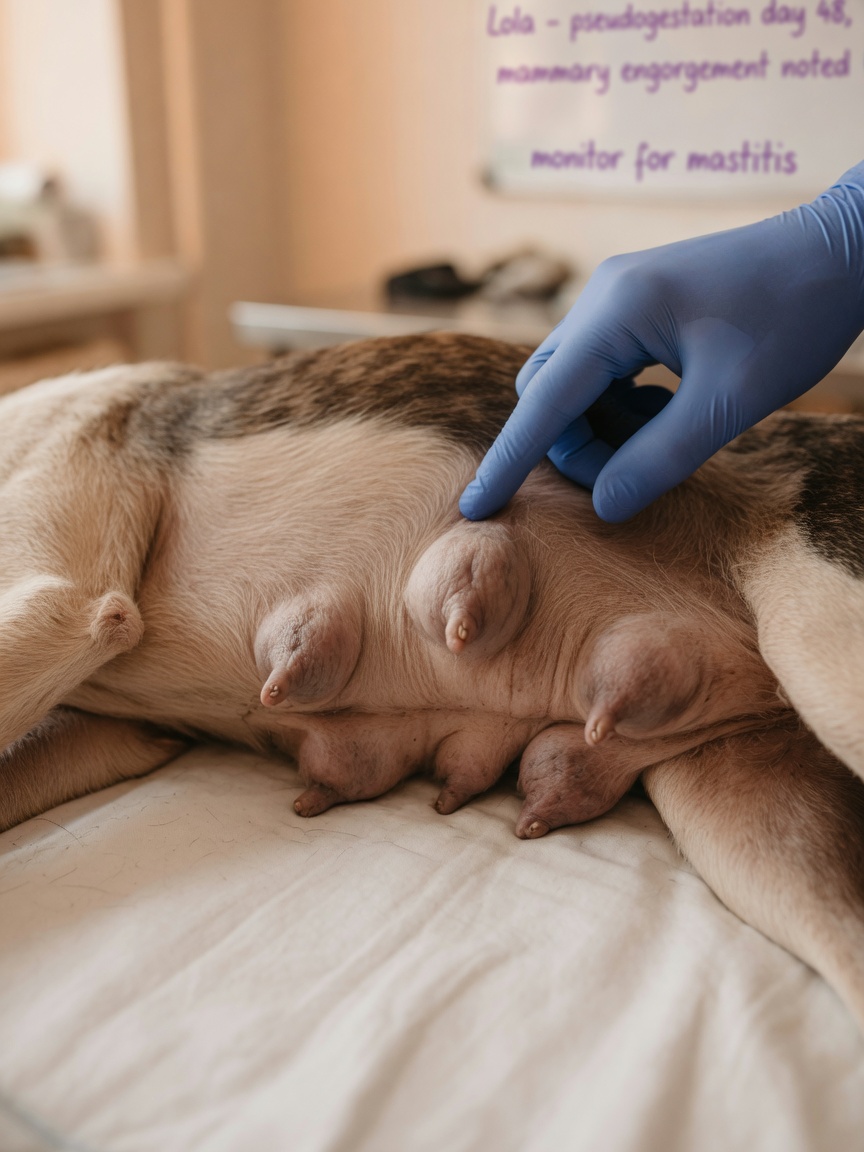 Veterinary examination of enlarged mammary glands in a dog experiencing false pregnancy