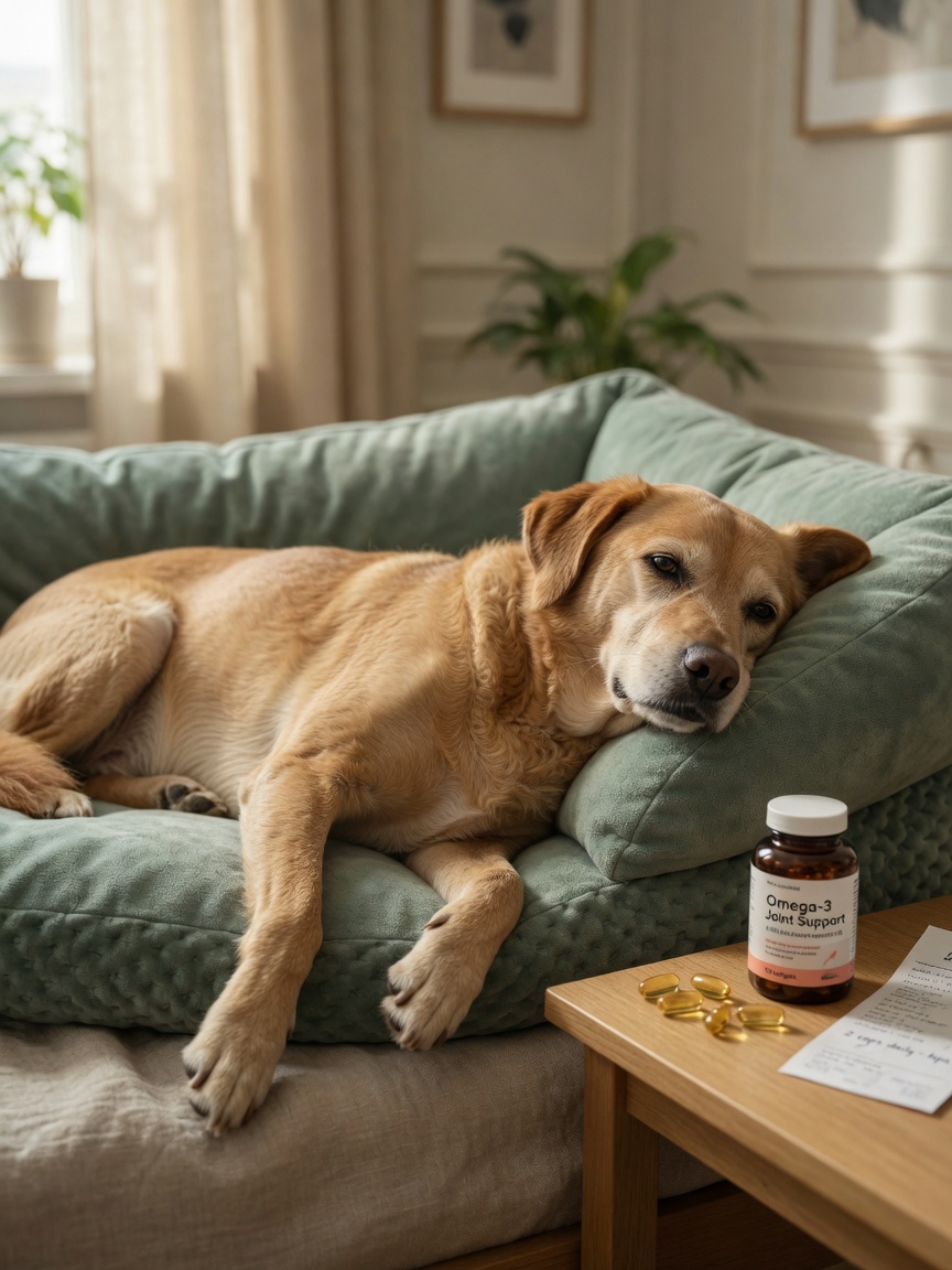 Dog resting on orthopedic bed with fish oil supplement nearby, illustrating omega-3 support for joint inflammation