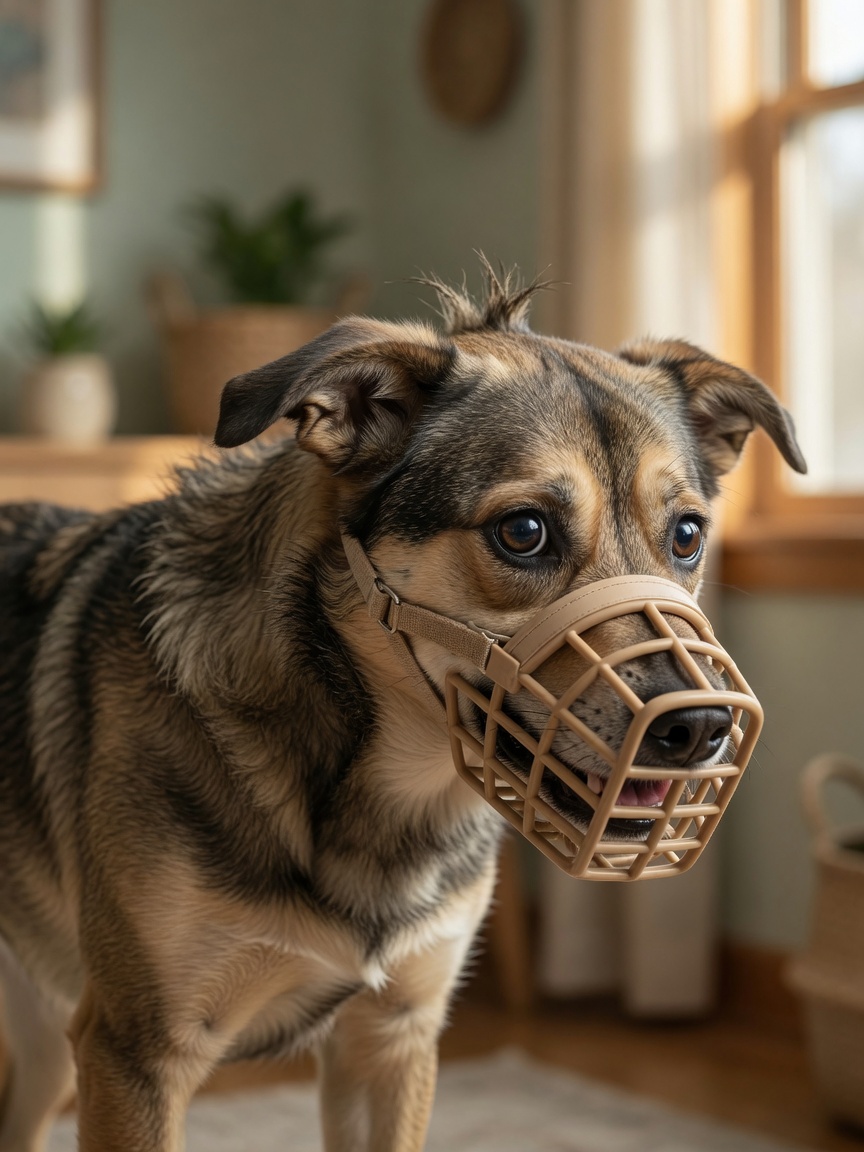 Close-up of a fearful dog's face showing flattened ears, whale eye pupils, raised hackles, and wearing a properly fitted basket muzzle
