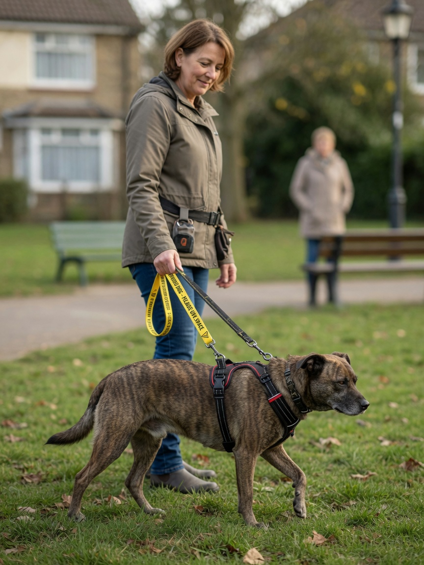 Dog on a double-ended lead with harness and nervous dog warning sleeve, demonstrating safe management equipment during a controlled walk
