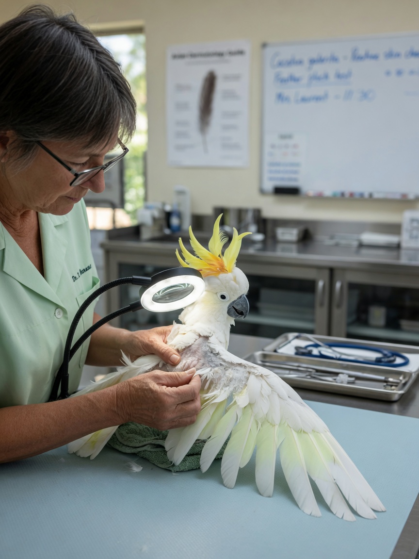 Avian veterinarian examining a white sulphur-crested cockatoo's skin and feathers with a magnifying lamp during a medical inspection