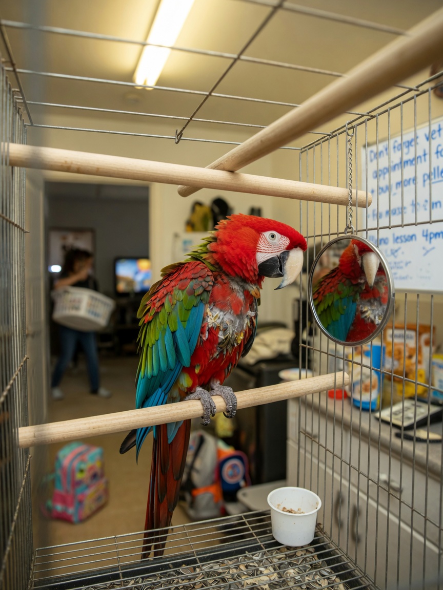 Red and blue green-winged macaw alone in an understimulated cage with minimal toys, showing signs of boredom and stress near a busy household area