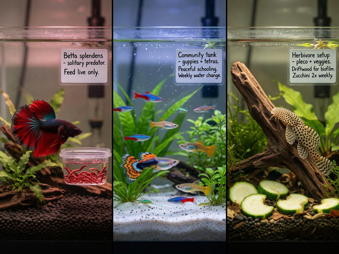 Drei Aquarien mit fleischfressenden, allesfressenden und pflanzenfressenden Fischen mit ihrem entsprechenden Futter