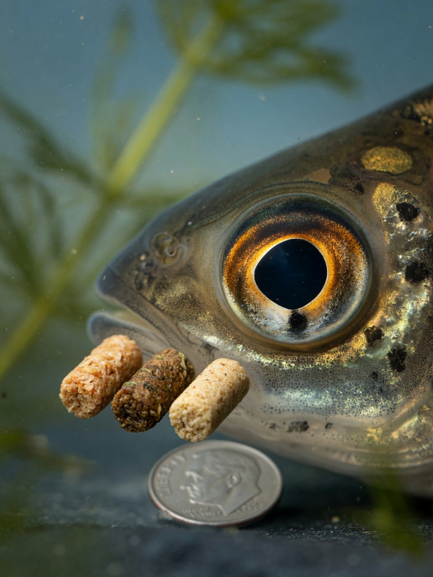 Nahaufnahme eines Fischauges mit drei Pellets, die die richtige Portionsgröße zeigen