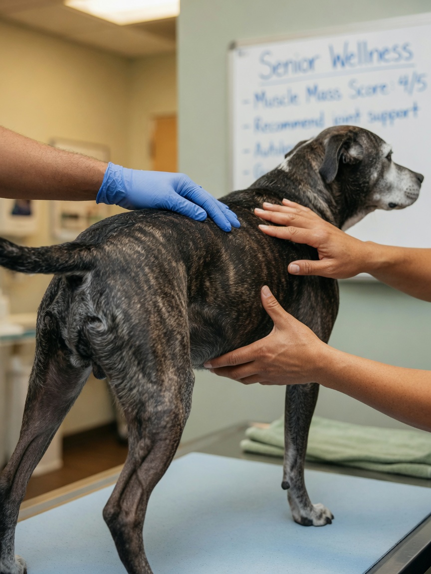 Veterinarian examining senior dog's muscle tone and body condition to assess protein nutrition needs
