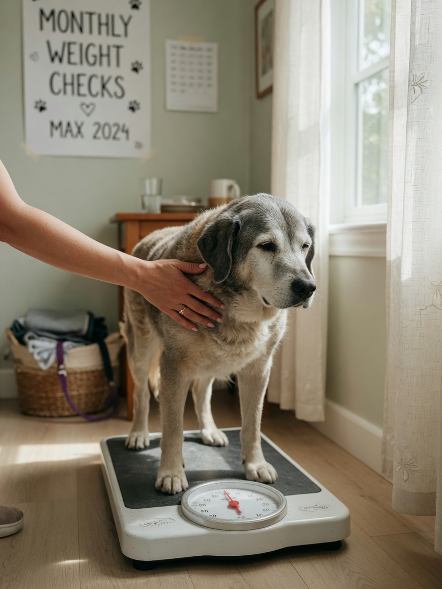 Senior dog being weighed on home scale for routine weight monitoring and body condition assessment