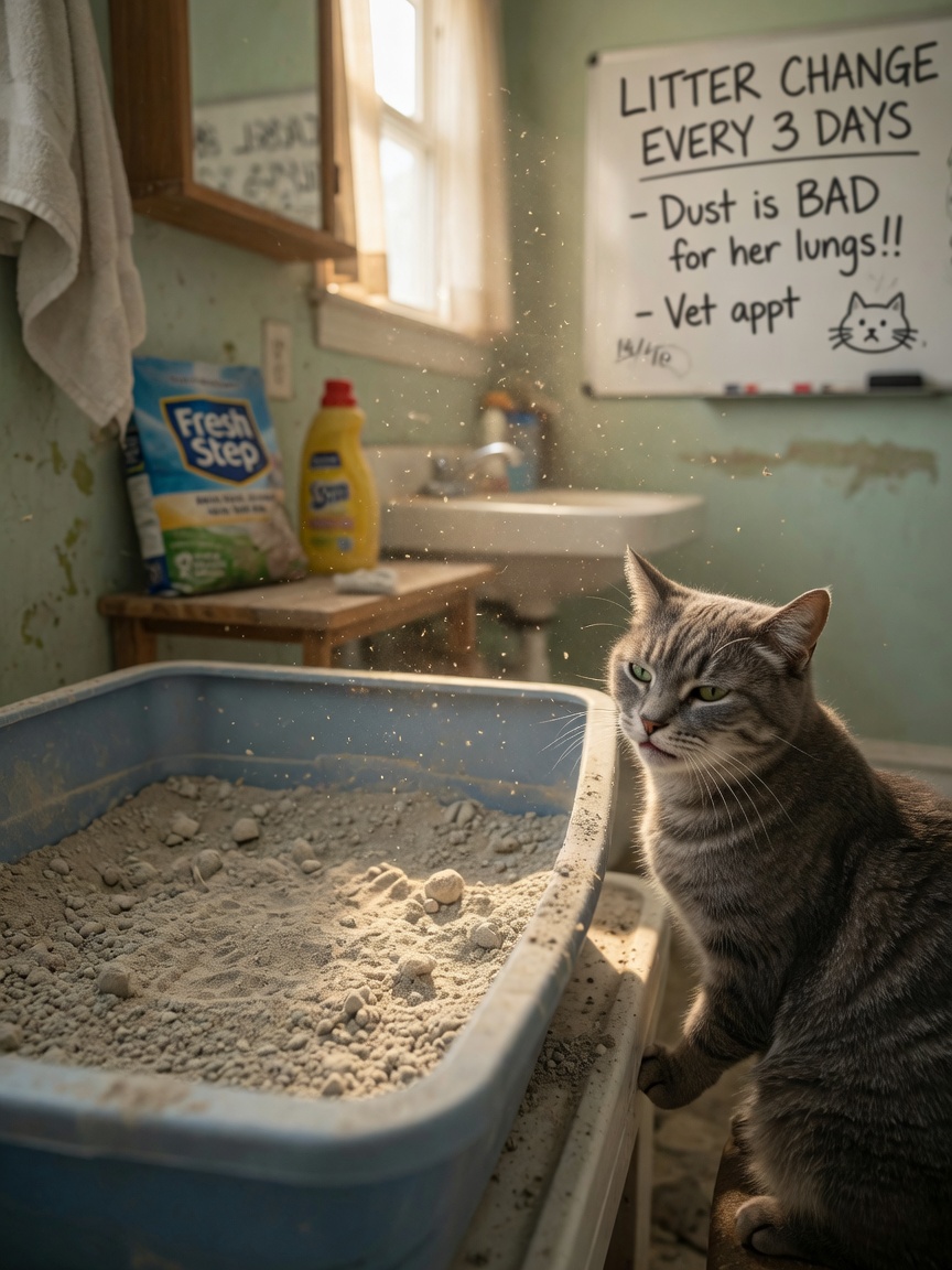 Dusty cat litter box with visible dust particles and a gray tabby cat sitting nearby, avoiding the dust