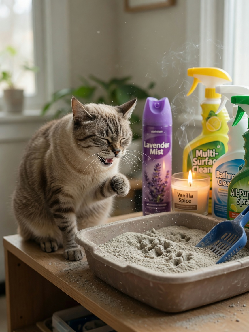 Tabby cat sneezing near common household asthma triggers including litter box, air freshener, and scented candle