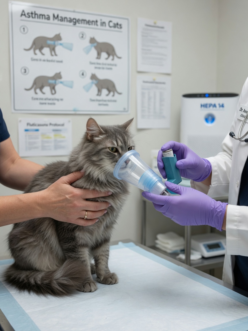 Cat using an inhaler with a spacer device at a vet clinic, owner and vet demonstrating proper asthma medication administration