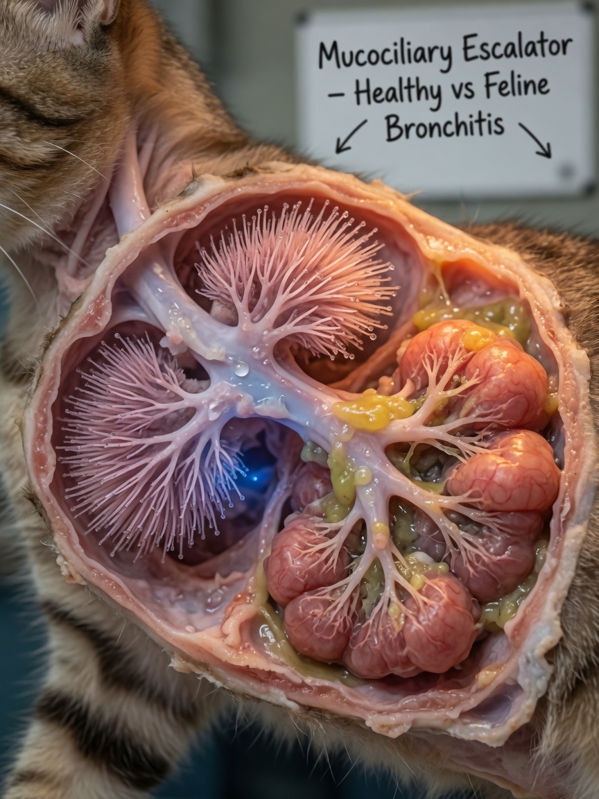 Comparação visual das vias aéreas saudáveis versus inflamadas em gatos mostrando alterações brônquicas