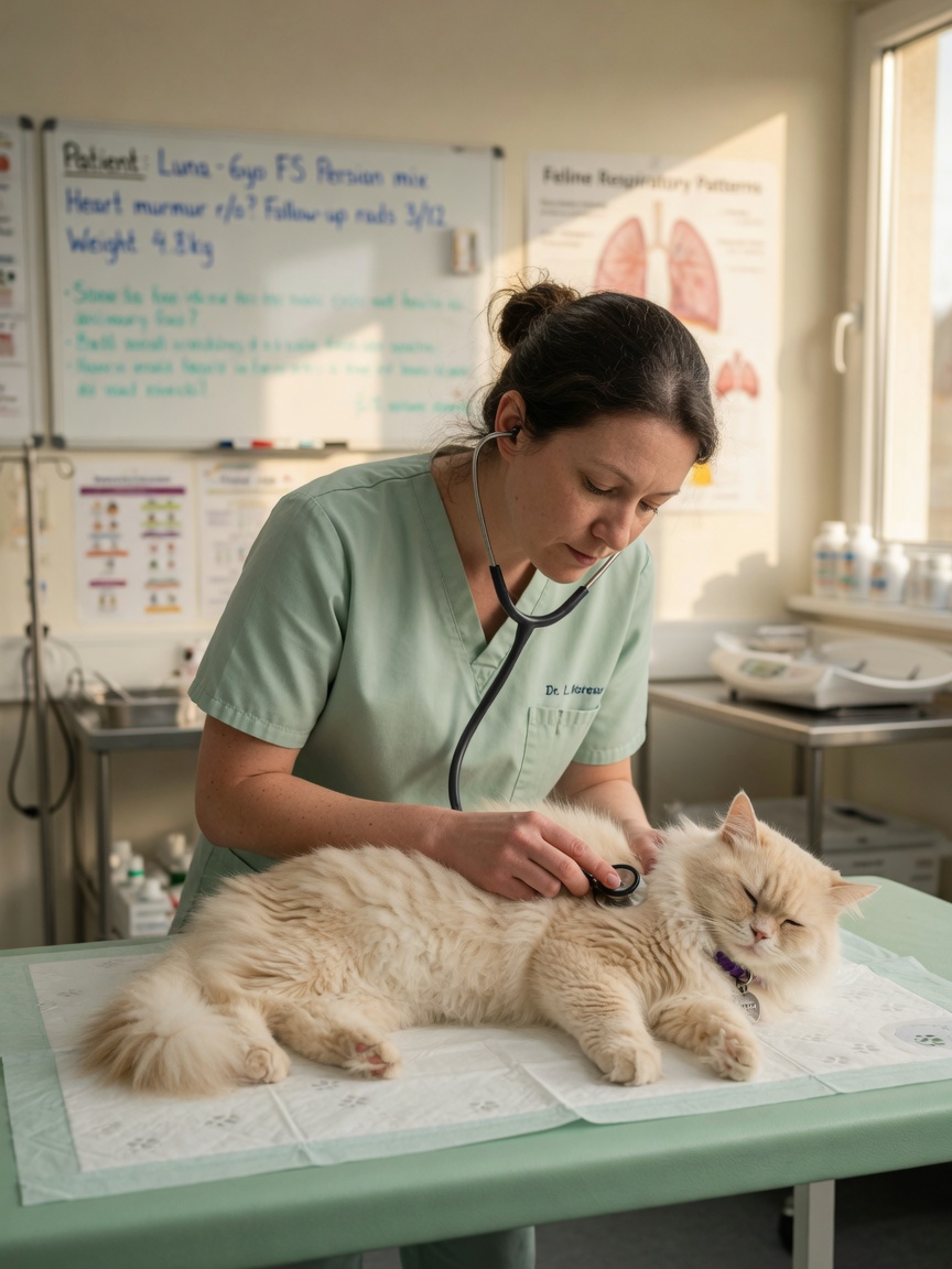 Veterinário a realizar exame torácico completo num gato usando estetoscópio