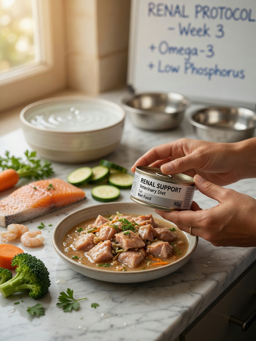 Veterinary nutritionist hands with prescription renal diet cat food and fresh ingredients displayed on countertop