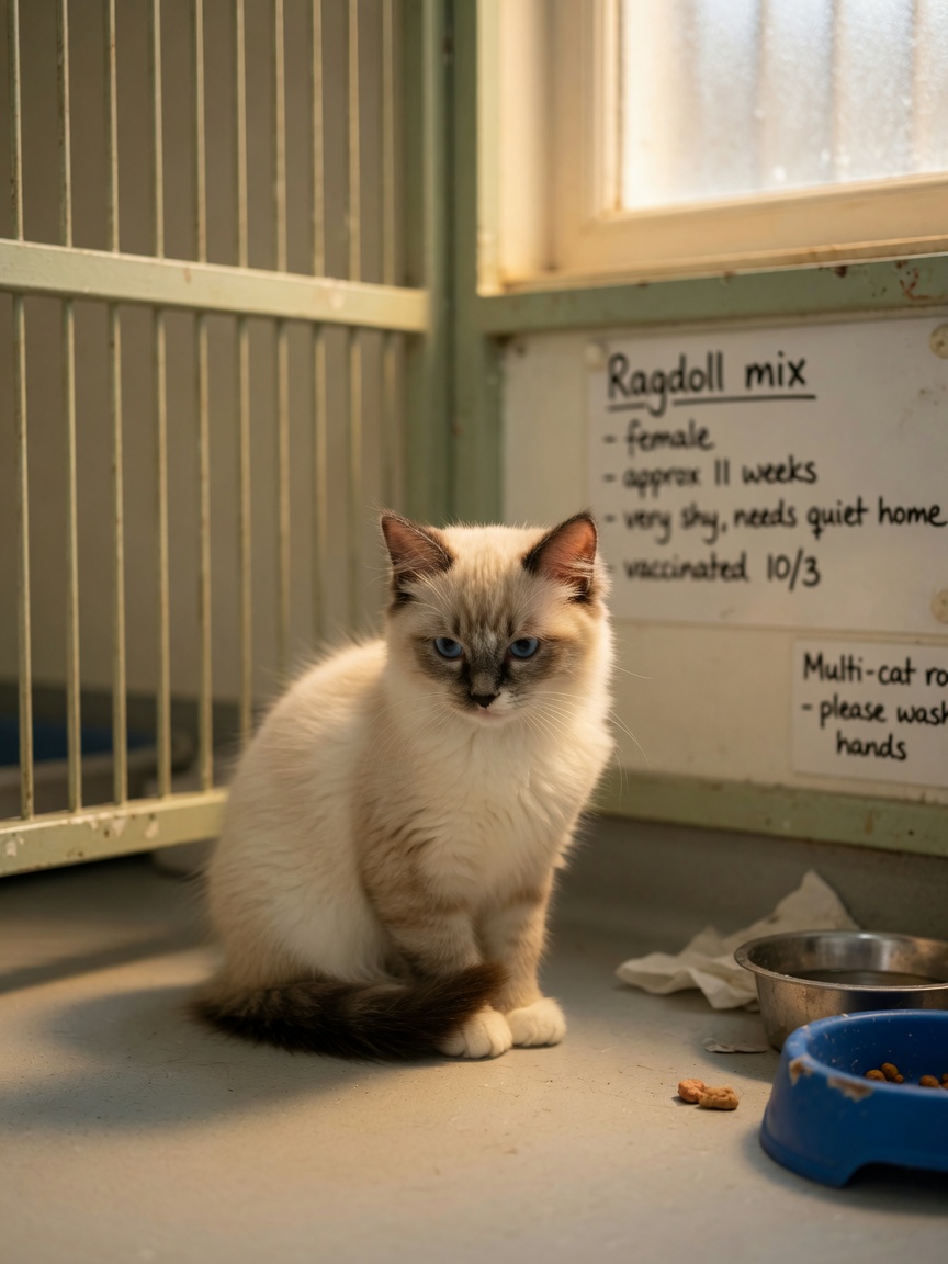 Young Ragdoll kitten in a shelter enclosure, representing high-risk breed and environment for FIP development
