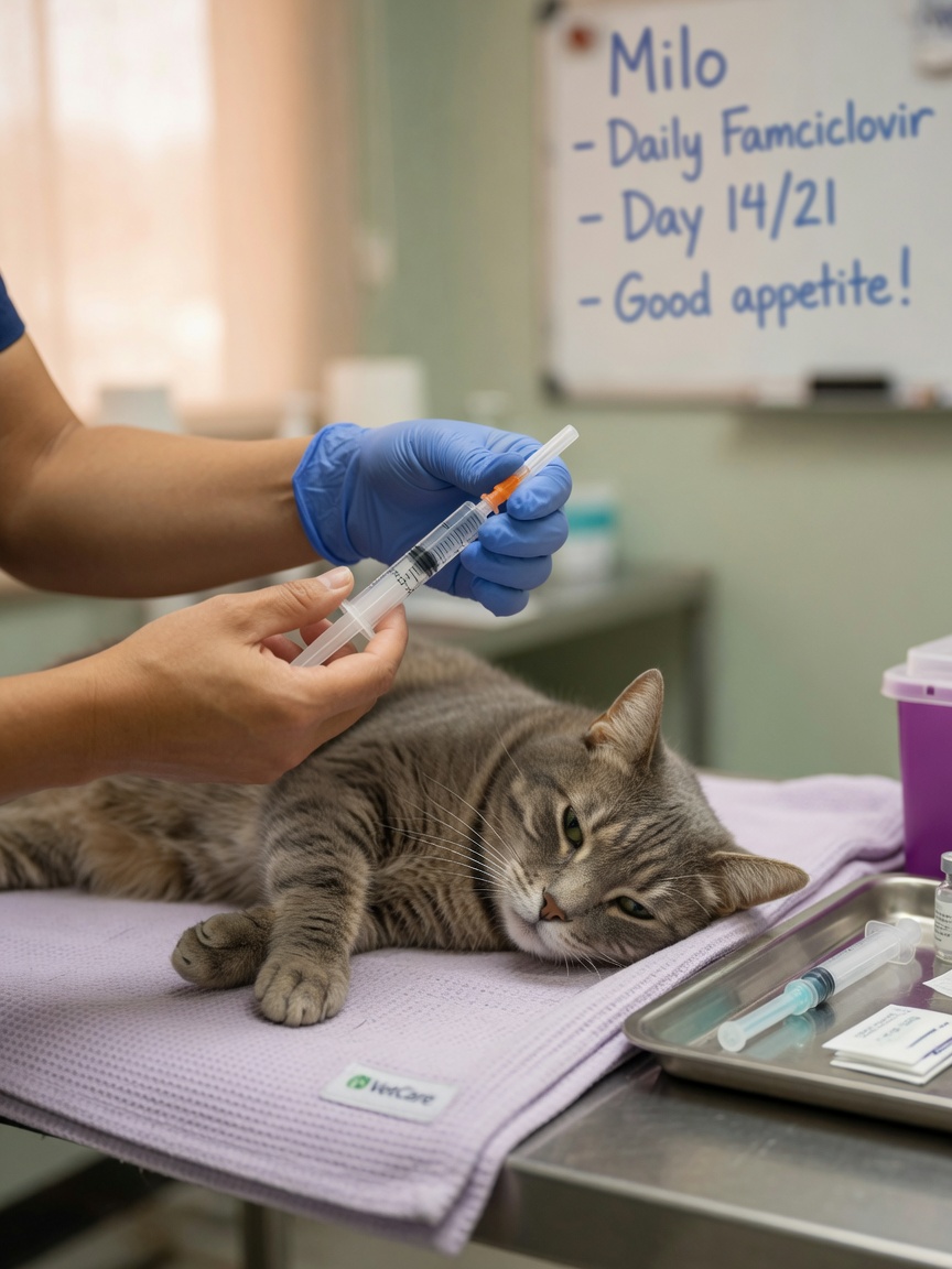 Veterinary technician administering daily antiviral injection to a cat as part of FIP treatment protocol