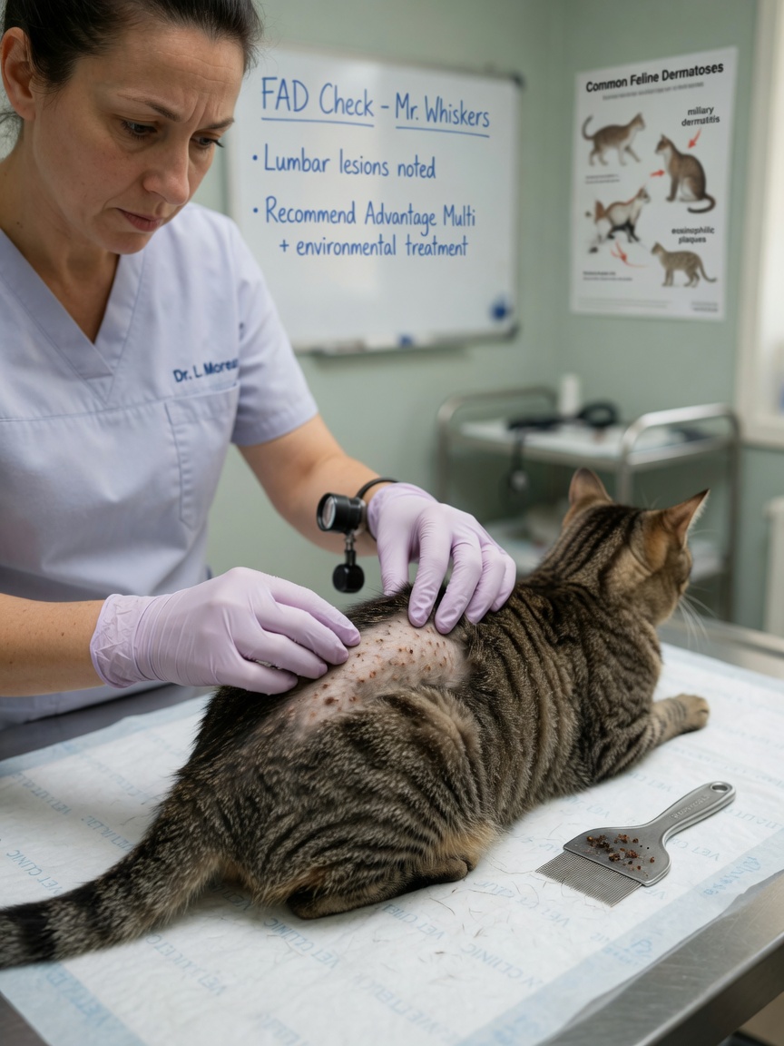 Veterinarian examining a cat's dorsal skin during dermatological evaluation for Feline Hyperaesthesia Syndrome