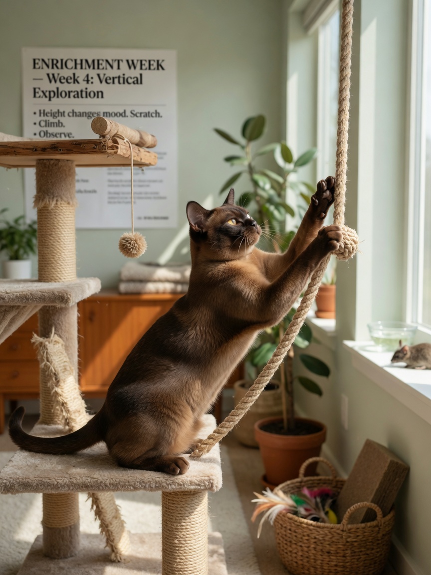 Burmese cat engaging with environmental enrichment and vertical space as part of FHS management strategy