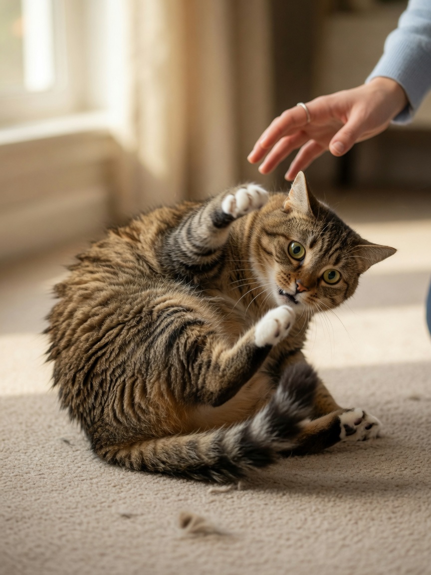 Distressed tabby cat during hyperaesthesia episode, frantic and self-focused, with concerned owner's hand visible in background