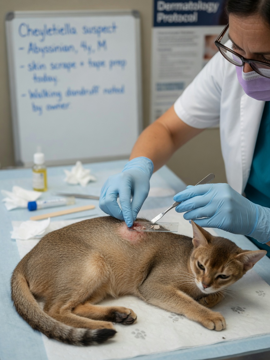 Veterinarian performing skin scrape examination on Abyssinian cat to diagnose parasites as potential cause of hyperaesthesia