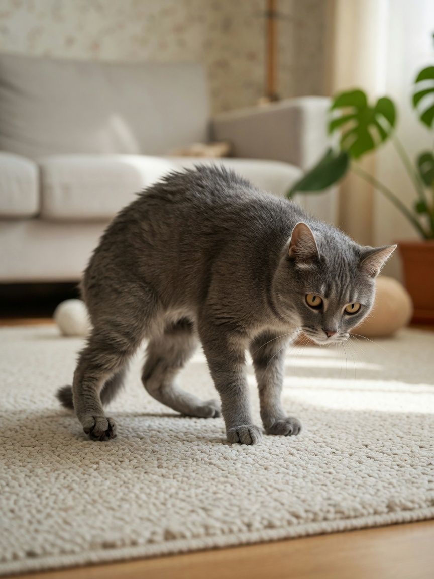 Senior cat demonstrating plantigrade stance and ventroflexion posture from muscle weakness
