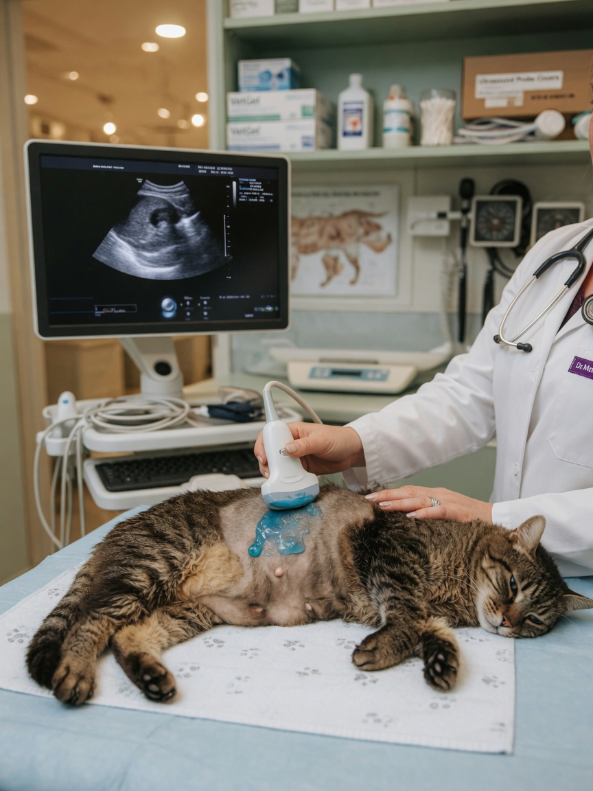 Veterinarian performing ultrasound of adrenal glands on a cat to diagnose hyperaldosteronism