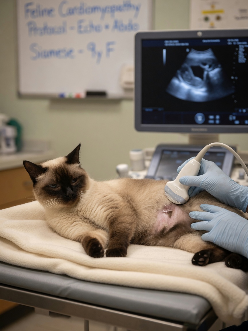 Siamese cat undergoing abdominal ultrasound examination for gastrointestinal diagnostic assessment
