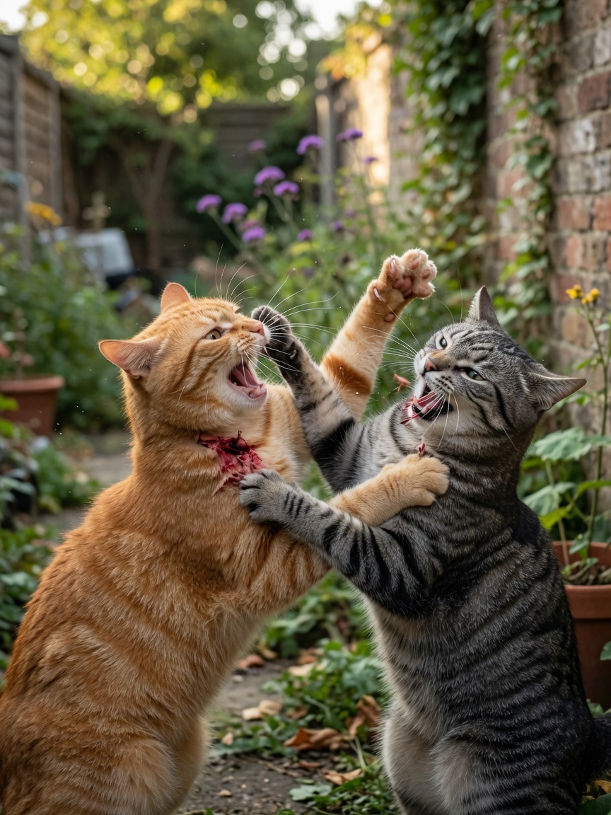 Two cats in aggressive territorial fight showing how FIV spreads through deep bite wounds