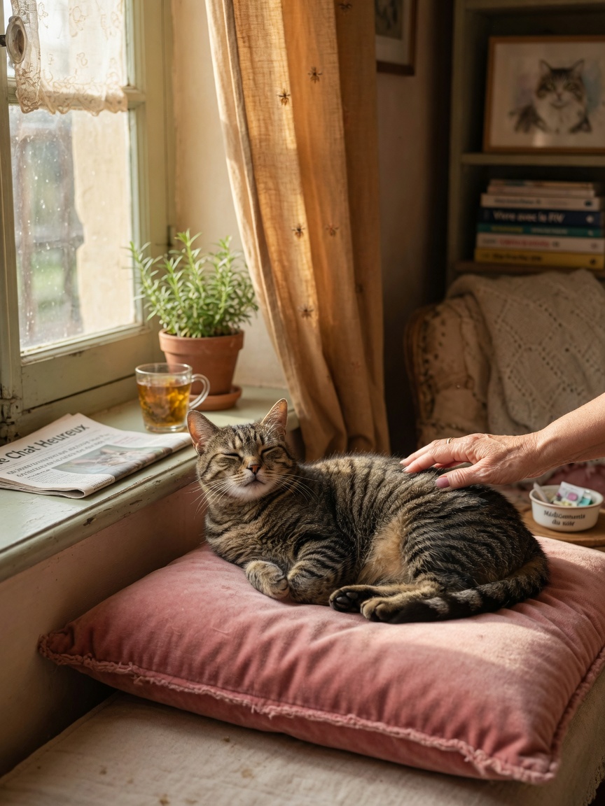 Content FIV-positive cat resting peacefully by sunlit window, demonstrating good quality of life with proper management