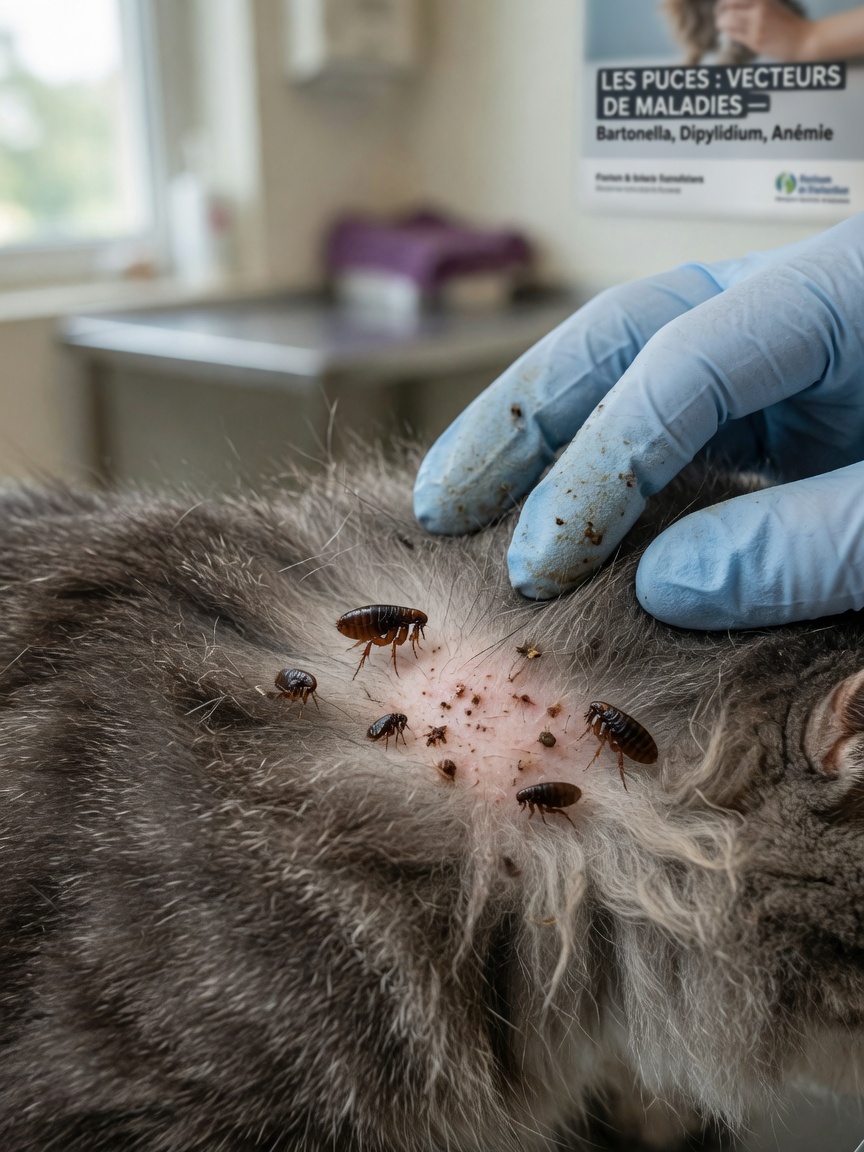 Nahaufnahme eines Flohbefalls im Fell einer Katze, das die primäre Übertragungsroute für Mycoplasma haemofelis demonstriert