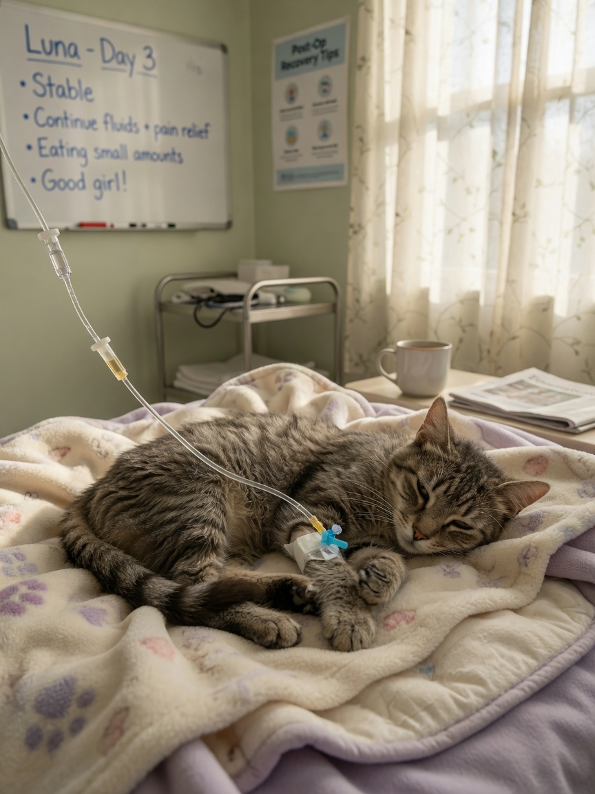 Genesende Katze, die unterstützende Pflege mit intravenösen Flüssigkeiten während der Mycoplasma haemofelis-Behandlung erhält