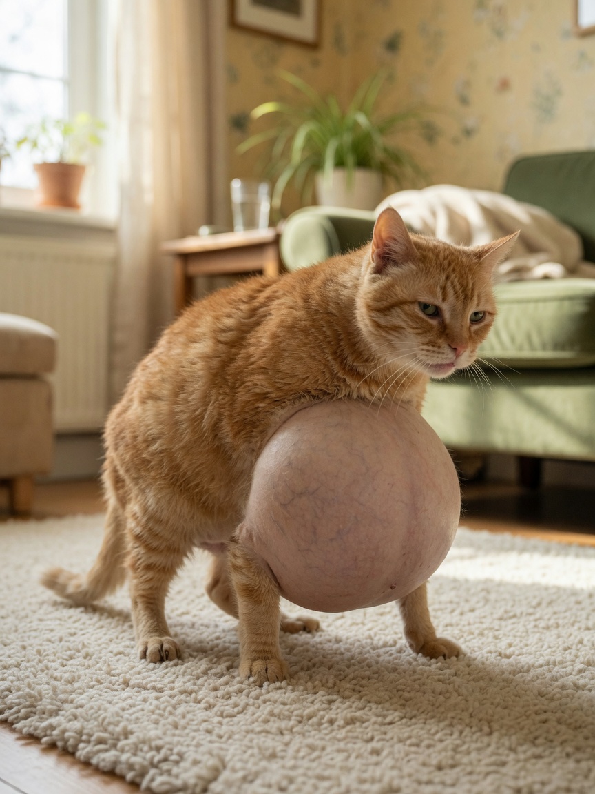 Orange tabby cat showing visible abdominal distension and signs of wet FIP illness at home