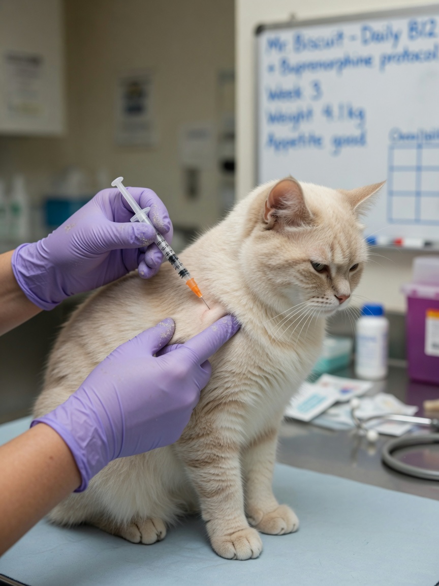 Veterinarian administering an antiviral injection to a cat during FIP treatment protocol