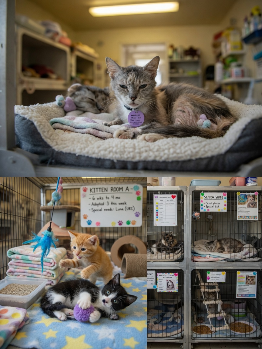 Gatos jóvenes y ancianos en un entorno de refugio de múltiples gatos