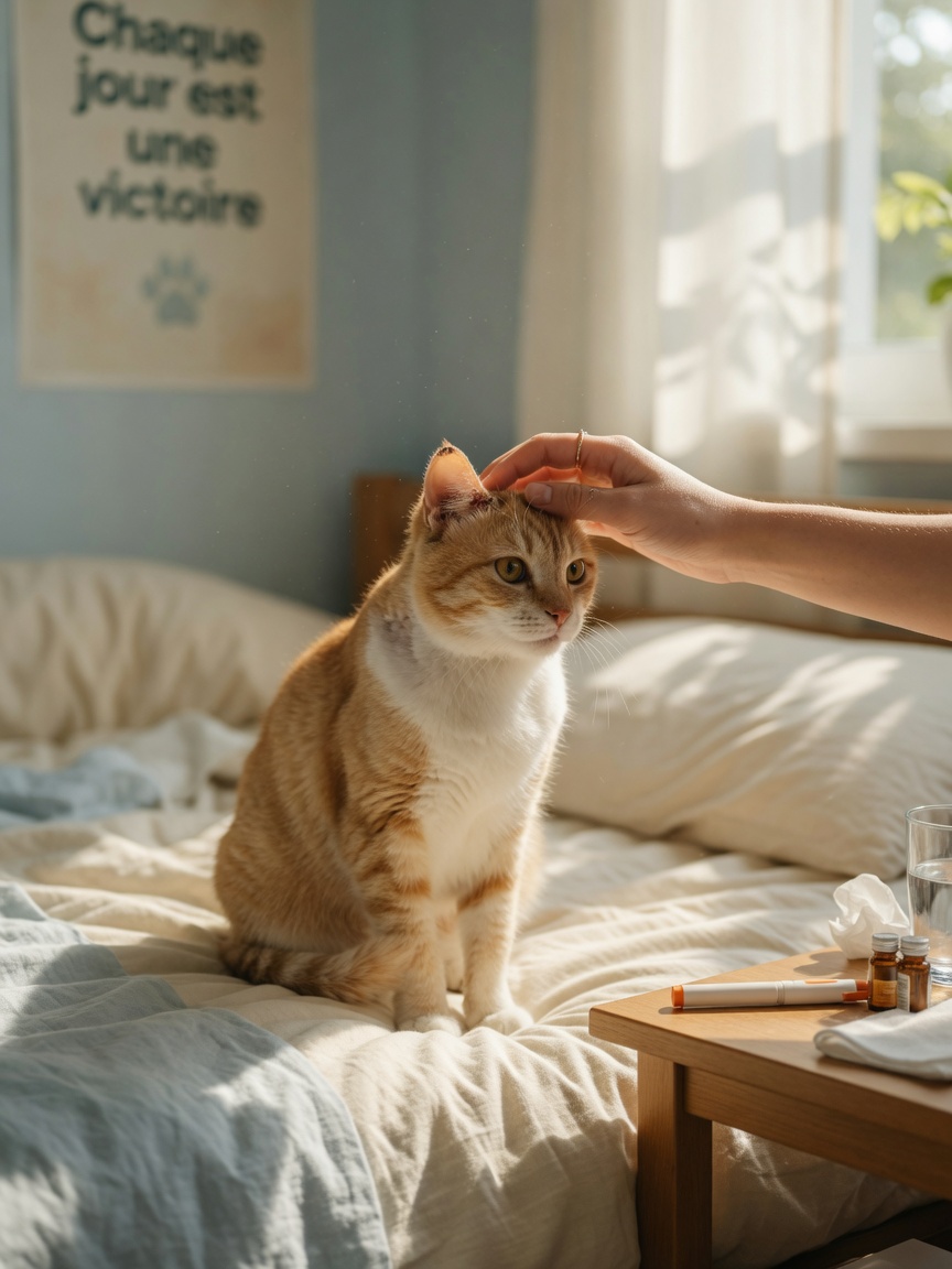 Gato en recuperación mostrando bienestar con la mano cuidadosa del propietario durante el tratamiento
