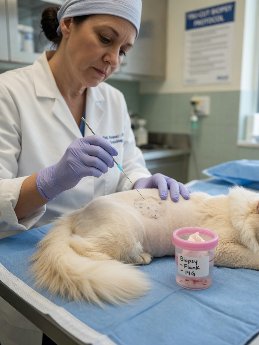Vétérinaire oncologue effectuant une procédure de biopsie tissulaire sur un chat pour le diagnostic du sarcome