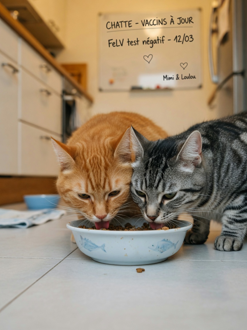 Two cats eating from the same food bowl together, illustrating FeLV transmission through shared food and close contact