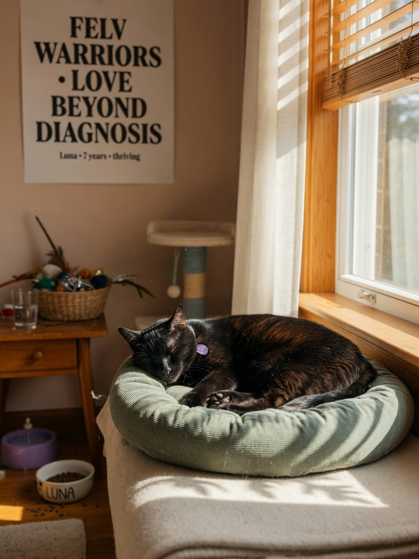 FeLV-positive cat resting peacefully on a soft bed beside a sunny window in a comfortable indoor home environment