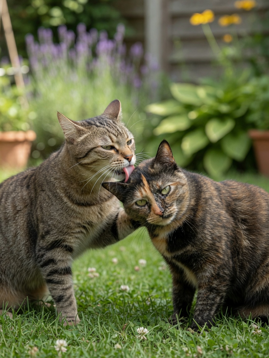 Zwei Freigängerkatzen, die sich gegenseitig putzen, zeigen die Übertragung von FeLV durch engen Kontakt