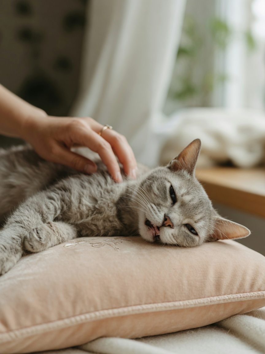 Letharargische FeLV-positive Katze, die auf weichem Bettzeug ruht und Zeichen von Immunsuppression und Erschöpfung zeigt