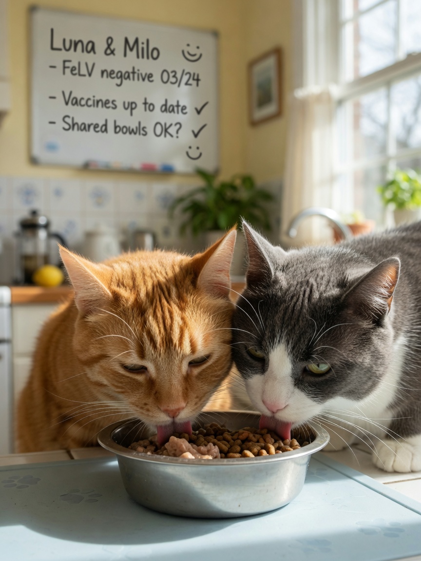 Two cats sharing a food bowl together, illustrating FeLV transmission risk in multi-cat households