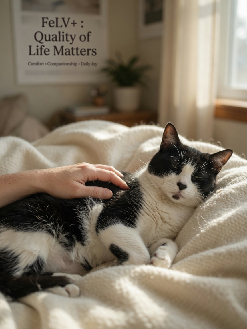 FeLV-positive cat resting peacefully on soft blanket with owner's hand nearby, showing quality of life management