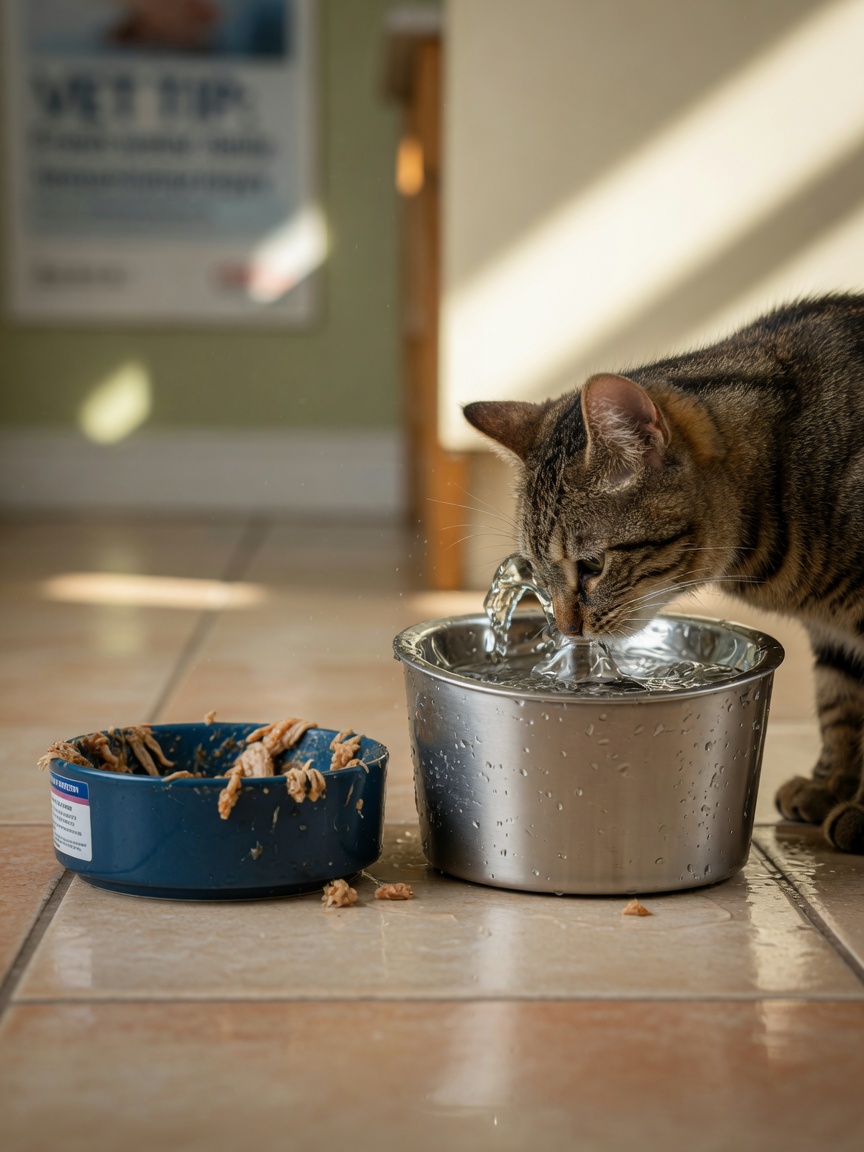 Tabby cat drinking from a water fountain beside a wet food bowl, demonstrating increased hydration for urinary health