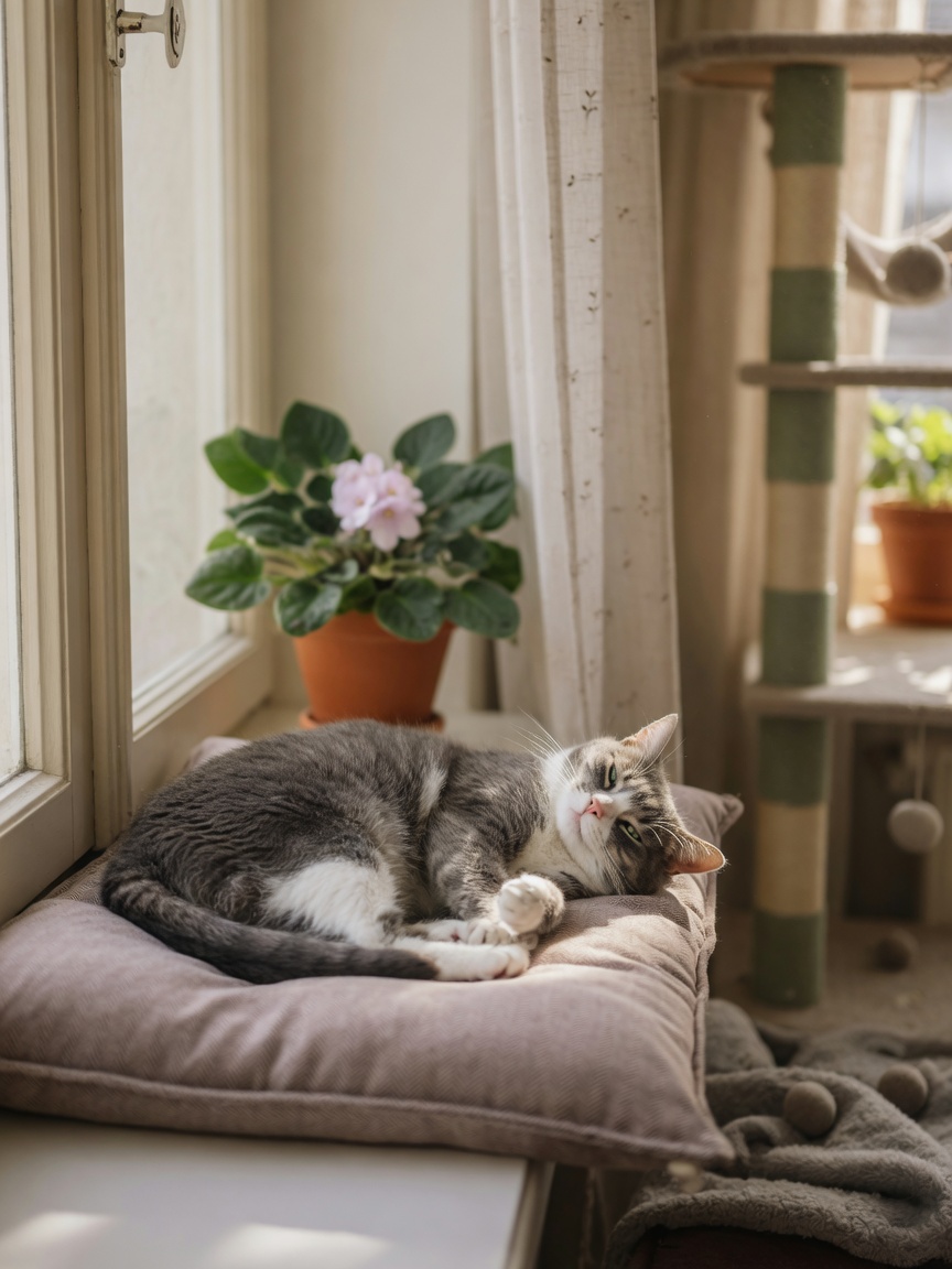 Content cat resting on a sunny window perch in an enriched home environment promoting stress reduction and urinary wellness